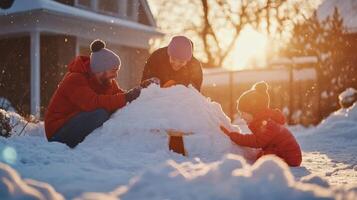 Family building a snowy shelter together at sunset. photo