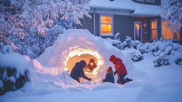 Winter evening fun, children building a snow cave. photo