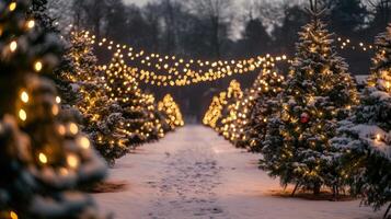 Snowy Christmas tree farm path decorated with warm lights. photo