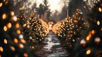 Festive pathway lined with Christmas trees adorned with lights. photo