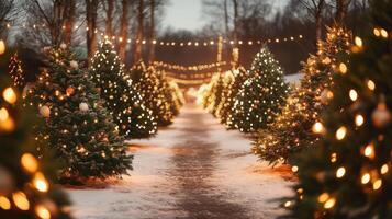 Festive winter pathway lined with decorated Christmas trees. photo