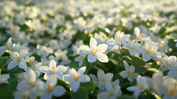 Dense field of small, white blossoms in sunlight. photo