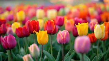 Vibrant colorful tulips fill a spring garden. photo