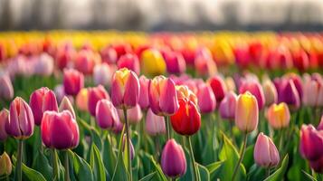 Vibrant tulips in a colorful field at dawn. photo