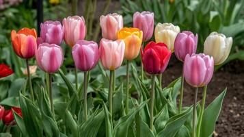 Vibrant tulips in various shades of spring color. photo