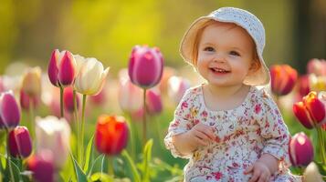 Radiant toddler amidst a field of vibrant tulips. photo