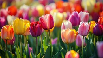 Vibrant tulips of various colors in a spring garden. photo