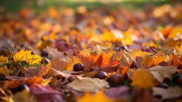 Autumnal foliage carpet with fallen leaves and acorns. photo