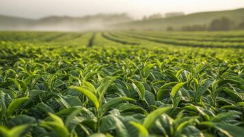 Lush tea plantation rows stretching into a misty sunrise. photo