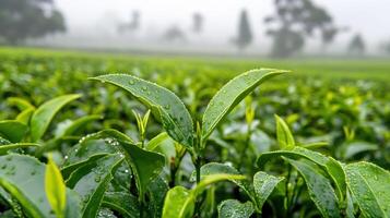 Lush tea leaves, covered in morning dew, in a misty field. photo