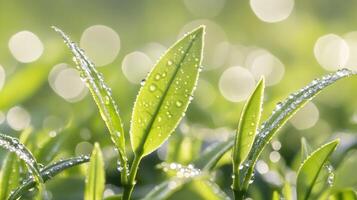Fresh tea leaves glistening with morning dew drops. photo
