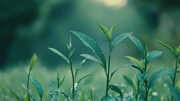 Delicate tea leaves covered in morning dew. photo