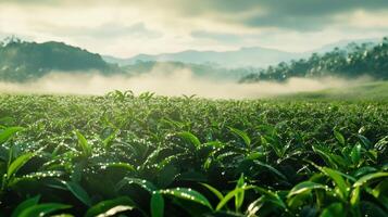 Lush tea plantation bathed in morning mist. photo