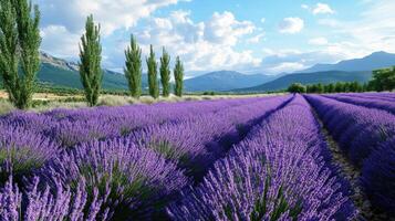 Vast lavender field stretches under a vibrant sky. photo