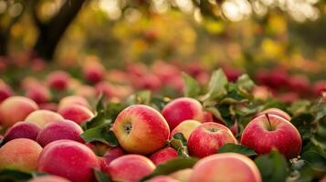 Abundant apples filling a harvest orchard ground cover. photo