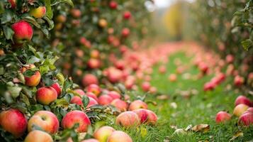 Abundant harvest of red and yellow apples on the ground. photo