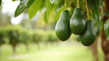 Ripe avocados hanging from a tree in a lush orchard. photo