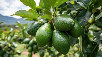 Lush green avocados cluster on a tree branch. photo
