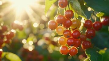 Clusters of vibrant red berries illuminated by sunlight. photo