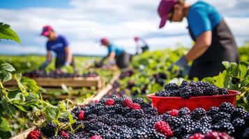 Freshly picked blackberries being harvested in a field. photo