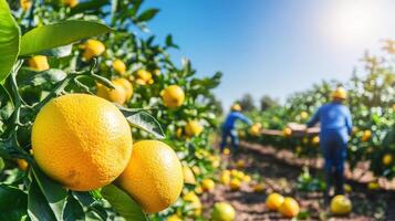 Citrus orchard workers harvesting ripe lemons. photo