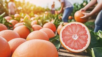 Freshly harvested grapefruits on a farm. photo