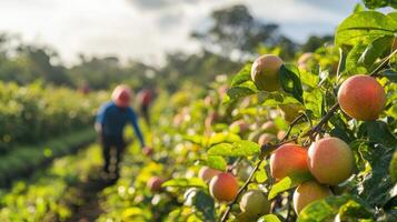 Lush orchard scene with ripe fruit and workers. photo