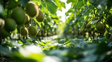 Lush green foliage with kiwi fruit hanging in an orchard setting. photo