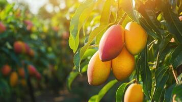 Lush mango orchard at golden hour. photo