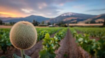 Close-up of a fuzzy fruit amidst a rural landscape. photo