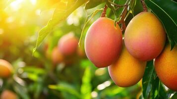 Ripe mangos hanging from branches in a lush orchard. photo