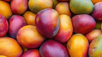 Close-up view of numerous vibrant mangoes. photo