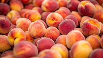 Close-up view of many ripe peaches in a cluster. photo