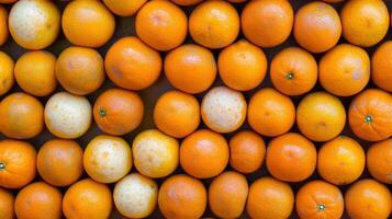 Close-up view of many round citrus fruits. photo