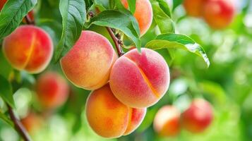 Ripe peaches hanging from branches, lush foliage. photo