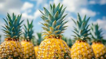 Close-up view of several ripe pineapples in a field. photo