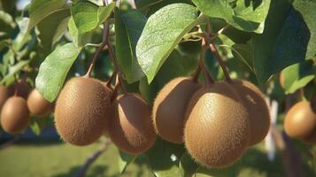 Close-up view of fuzzy kiwi fruits on a branch. photo