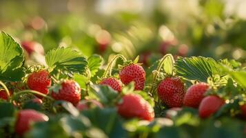 Lush field of ripe strawberries with vibrant green leaves. photo