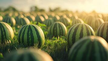 A field of watermelons at sunset. photo