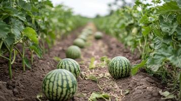 Watermelon plants growing in neat rows in a field. photo