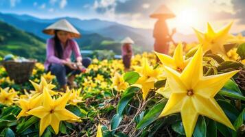 Rural agricultural workers harvest a field of unusual yellow flowers. photo