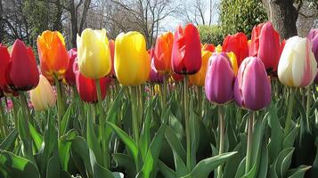 Vibrant tulips in various colors bloom in a spring garden. photo