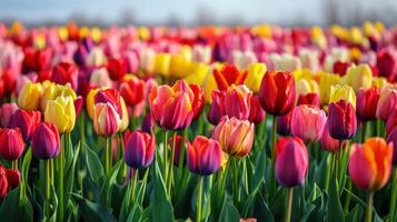 Vibrant field of colorful tulips in full bloom. photo