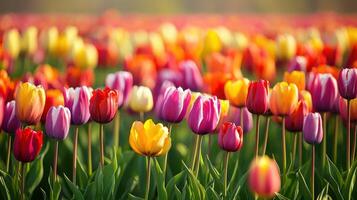 Vibrant display of colorful tulips in a spring field. photo