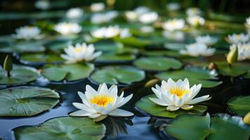 Blooming white water lilies on tranquil pond surface. photo