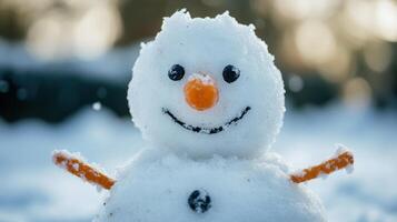 Close-up view of a cheerful snowman on a snowy day. photo