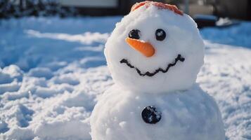 A cheerful snowman in a snowy winter scene. photo
