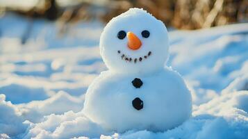 A whimsical winter snowman in snowy landscape. photo