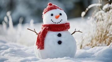 Charming snowman standing in snowy winter scene. photo