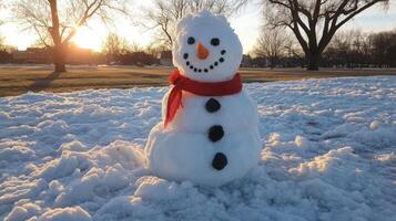 Playful snowman creation in winter scenery. photo
